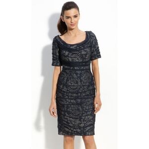 Tadashi Shoji Deep Navy Draped Chiffon Lace Overlay Dress Elegant Size 12